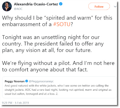 AOC tells Peggy Noonan to go fuck herself after her SOTU comment (5 Feb 2019)