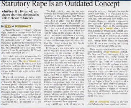 Alan Dershowitz argues that statutory rape is an outdated concept (LA Times, 7 May 1997)