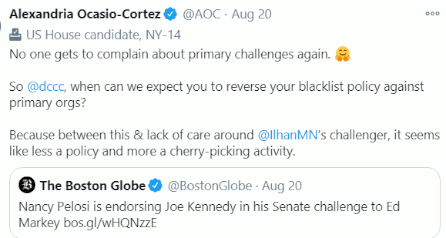 AOC calls out Nancy Pelosi for her establishment hypocrisy regarding their position on primary challenges (20 Aug 2020)