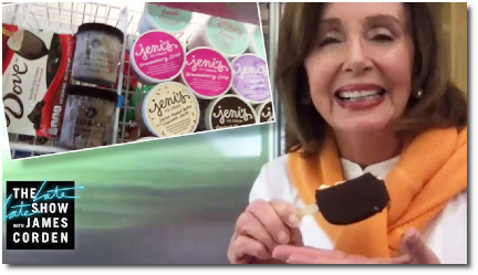 Nancy Pelosi shares her freezer full of expensive gourmet ice cream with James Corden (13 Apr 14 2020)