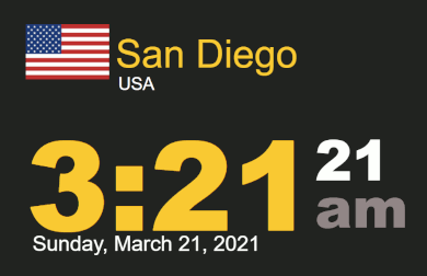 Timestamp Worldclock San Diego Sunday, 21 Mar 2021 at 3:21 am 