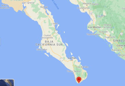 Map with pin in Cabo down in Baja California near Tropic of Cancer