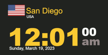 Timestamp Worldclock Sunday 19 March 2023 at 12:01 am San Diego, last day of winter