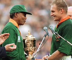 The Real Nelson Mandela at 95 Rugby World Cup with the Real Francois Pienaar