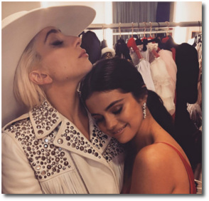 Selena backstage with Gaga at the 2016 AMAs in Los Angeles Microsoft Theater Nov 20
