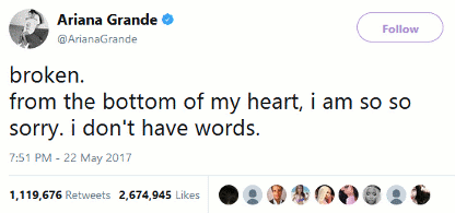 Ariana twitter post May 22, 2017 following suicide bombing in Manchester